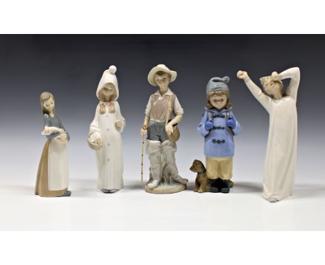 Five Lladro and Nao figures to include Lladro Fisher Boy (a/f), Girl With Pig, Sleepy Stretching Boy, Girl With Basket (a/f) 