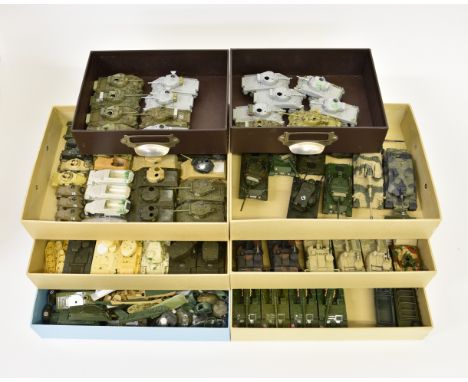A large collection of completed model tanks and military vehicles of varying makes, to include WWII Allied Sherman Tanks, WWI