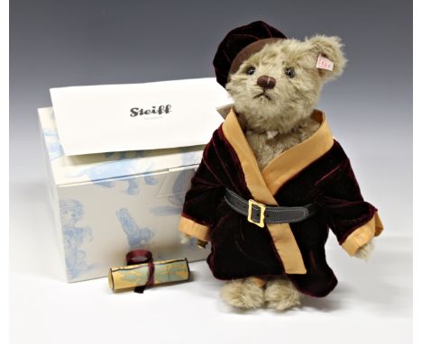 A Steiff Marco limited edition mohair bearno. 034213, ltd. ed. no. 605/1000, in sand mohair, with maroon velvet and orange si