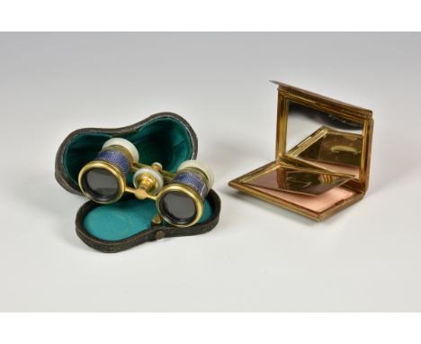 A pair of gilt metal guilloche enamel and mother of pearl opera glasses of typical form, contained in original leather case, 
