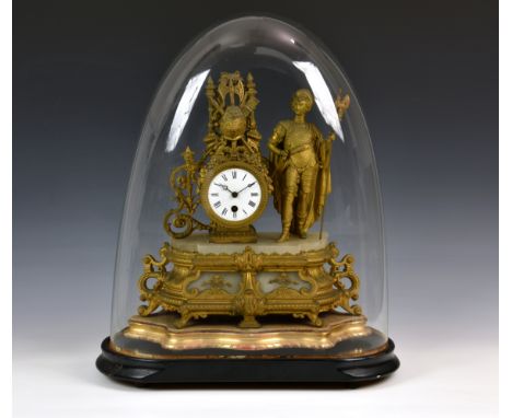 A French gilt metal and alabaster mantel clock with glass dome, c.1900, the baroque style base supporting the drum clock case