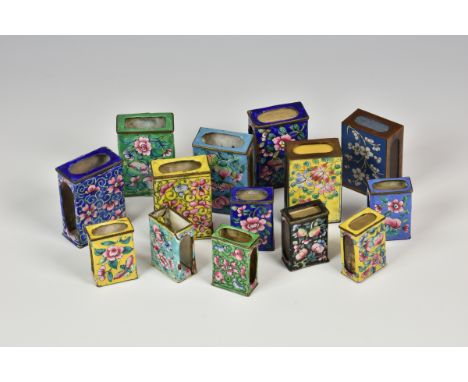 A collection of fourteen enamel matchbox covers - probably Chinese Cantoneach decorated with flowers and insects. (14) a/f