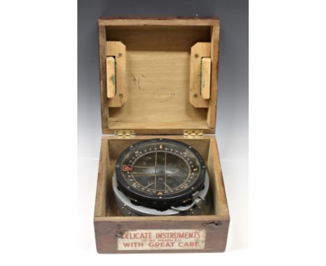 A WWII era R.A.F Military Type P.10 aircraft gimbal compass No. 10121 T.C, contained in original wooden case, box measuring 9