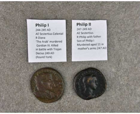 Numismatics - Roman coins: Philip I 244-249 AD, AE Sestertius Colonial, reverse Diana together with Philip II, AE Sestertius,