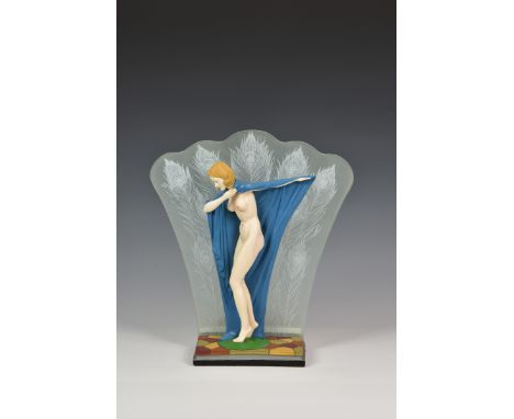 A painted Art Deco style figural resin lamp base of a nude female on coloured marble style base with shaped glass backdrop wi