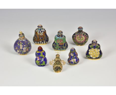 A collection of eight modern enamel decorated Chinese snuff bottles of varying sizes, dates and decoration. (8)