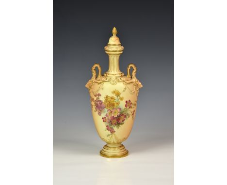 A Royal Worcester blush ivory porcelain vase and cover date code for 1897, printed purple factory marks, shape no. 399, ovoid