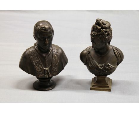 Two bronze busts on pedestal stands the first of Pope Pius IX, stamped Maurel to base, 10in. (25.4cm.) high, the second of a 