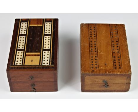 An antique inlaid wooden folding cribbage board with bone pegs, together with another. (2)