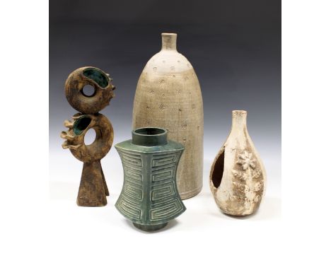 A collection of vintage studio pottery to include a lamp base by Guernsey Pottery, 17in. (43.2cm.) high; a green vase of styl