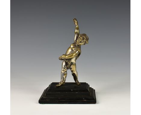 A French silver plate on bronze Putto car mascot on rectangular stepped base, 6¼in. (16cm.) high.