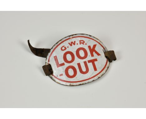 Railwayana - GWR Great Western Railway enamel "LOOK OUT" armband, of oval, curved shape, G.W.R. LOOK-OUT, red lettering, on w