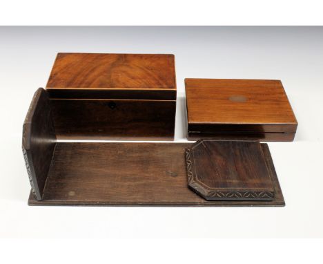 An antique tea caddy box (no inners)together with a collectors box and a book slide. (3)