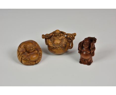 Three 20th century figural / Hotei carved Japanese netsuke each signed.