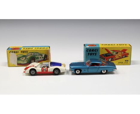 Corgi Toys - Two boxed diecast cars comprising Corgi 241, Chrysler GHIA L.6.4, metallic blue body, red interior, spun wheels,