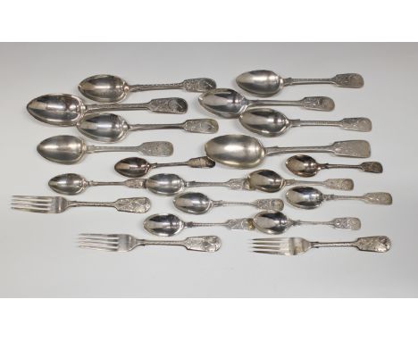 A collection of various silver fiddle pattern shooting spoons and forks mostly Sheffield, various maker's, to include table s