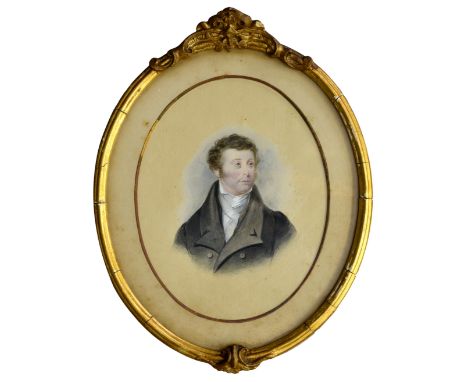 English School (19th century) Portrait of a gentleman, shoulder length, in a black double breasted coat, white waistcoat and 