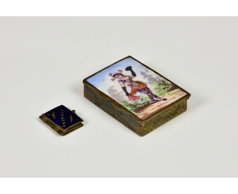 A French gilt metal and enamel vesta case probably early 20th century, of pill box form, the hinged cover enamelled with harl