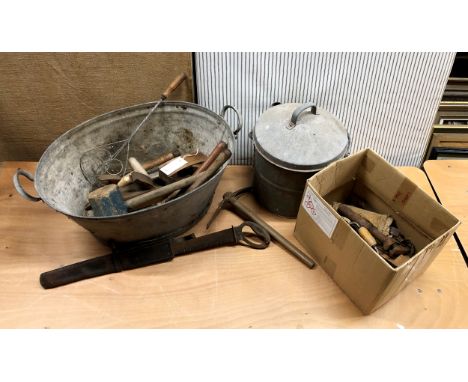 A large collection of vintage tools, to include saw; lump hammers; trowel; various garden tools etc, together with a tin ash 