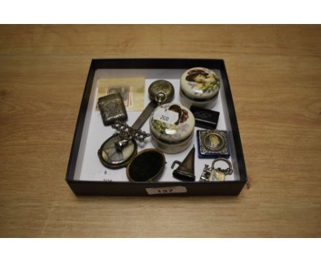A collection of trinkets including a portrait miniature, a veta case, tiny snuffbox and candle snuffer and two trinket pots e