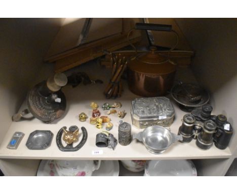 A varied assortment of vintage items including a copper kettle, marmalade cutter, a jewellery box depicting a harvest scene, 