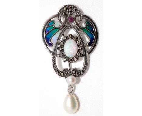 Brosche/ Anhänger im Jugendstil, 925er Silber, farbige Fensteremaille, Rubin, Perlen, Opal und Markasiten, Maße ca. 4,8 x 2,5