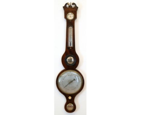 Barometer, England 19. Jh., Mahagoni mit Fadenintarsien, Thermometer mit roter Flüssigkeit, H. 98 cm