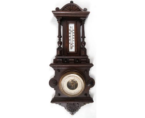 Gründerzeit-Barometer mit Thermometer, Juls Walbrecht, Elberfeld, mahagonifarben gebeizt, mit gedrechselten Verzierungen und 