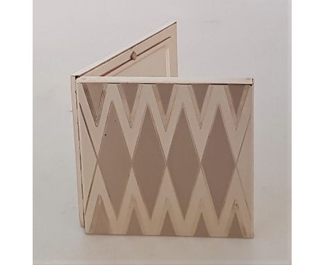 A Hadsworth (USA) sterling silver compact, with two-tone brushed/polished finish and engraved geometric pattern, signed to in
