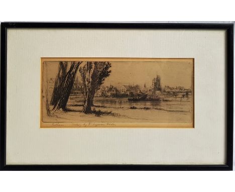 Seymour Haden (1818-1910), "Fulham", etching, imaged 11.2 x 17.7cm, mounted, framed and under glass, together with a landscap