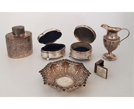 A collection of silver ware, to include; A Victorian silver ovoid tea caddy, by James Dixon &amp; Sons Ltd, Sheffield 1893, h