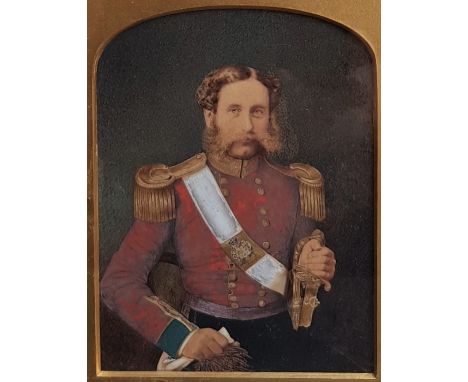 A 19th century portrait of a British Infantry officer,&nbsp;half length, wearing red uniform with gilt braid epaulettes, wate