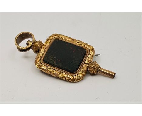 A 19th century gilt metal combined seal and pocket watch key fob, with plain blood stone matrix, (fitted later brooch pin bac