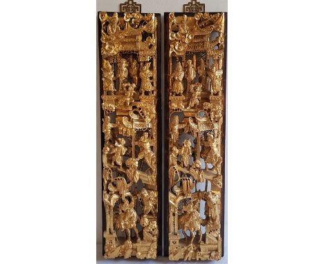 Six Chinese carved gilt wood panels, to include: A pair of carved and pierced gilt wood altar carvings, panel height 58.5cm,&