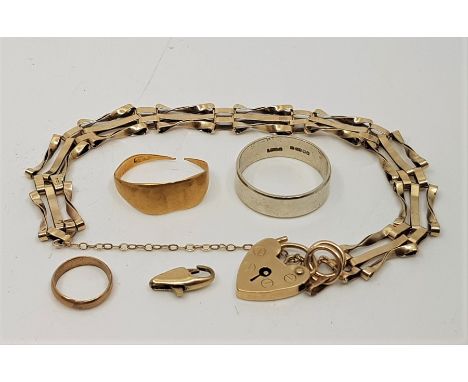 A 9ct. gold gate bracelet, with 9ct. gold heart padlock clasp (as found, 6.9g), together with a 9ct. white gold band, (3.5g),