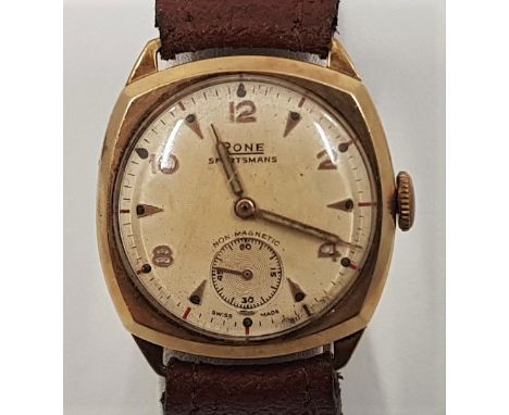 A 9ct gold Rone Sportsmans gentlemans wristwatch, c.1954, manual movement, having signed silvered circular Arabic numeral dia