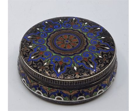 A late 19th century silver and cloisonne enamel Russian circular box and cover, 84 zolotniks, assayed Moscow, assay master "A