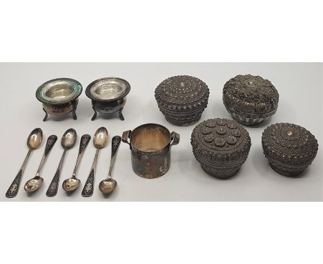 A collection of silver and silver plated ware, to include: a set of six Thai sterling silver and nielio coffee spoons, four v