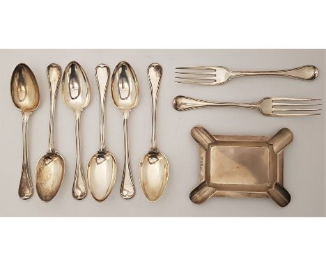 A Victorian set of six Hanovarian military thread pattern silver dessert spoons, together with two matching dessert forks, by