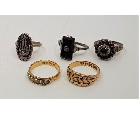 A Victorian 18ct. gold and seed pearl ring, set row of six seed pearls, with chased band, assayed London 1884, (gross weight 