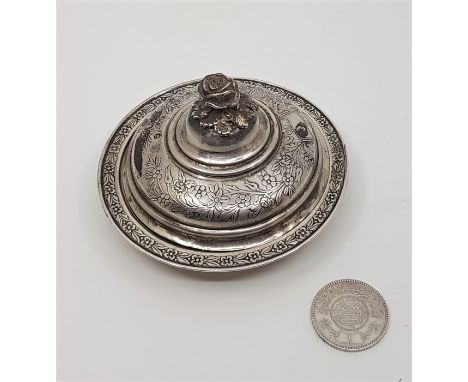 A Turkish Ottoman Empire Silver dish and a cover, stamped pre-1923 Tughra mark of the Sultan and purity mark, the domed cover