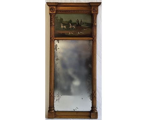 A George III carved giltwood Trumeau mirror, the upper section enclosing an oil on panel depicting horse drawn two-wheel cart