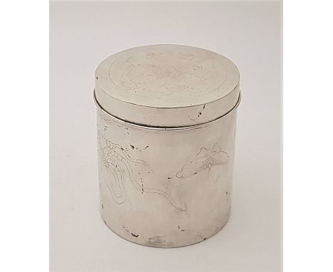 A Japanese silver circular tea caddy and cover, the side and cover lightly engraved fruit and a butterfly, impressed characte