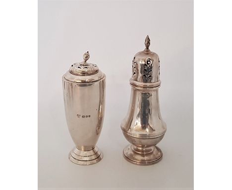 A silver sugar caster, by Harrods Ltd, assayed London 1936, (indentation to top below finial), together with a silver baluste