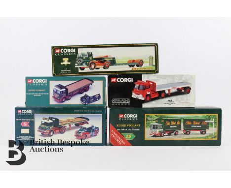 Nine Corgi die-cast classic vehicles, including Eddie Stobart ERF KV Low Loader, AEC Truck and Trailer, CC85801 Reliant Regal
