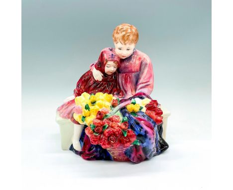 Part of the Street Vender series. A glossy porcelain figure of two children sitting on a bench holding baskets of flowers. In