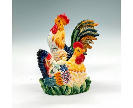 Figural Rooster and Hen Napkin holder. Multicolored vintage piece. Fitz and Floyd backstamp. Dimensions: 4.25"L x 3.75"W x 7"