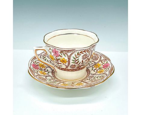 The Rosina Bone China Teacup and Saucer is a cherished vintage set that hails from England between 1948 and 1952. It features