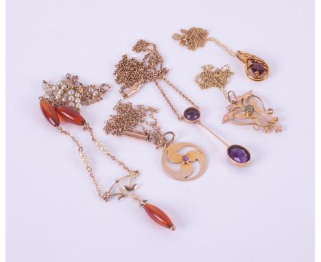 A mixed lot including an antique 9ct yellow gold necklace with a bar drop set with a round cut &amp; an oval cut amethyst, le