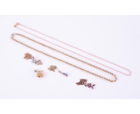 A mixed lot including a 9ct yellow gold twisted rope chain, 16" length, 3.75gm, a 9ct rose gold belcher link chain, 18" lengt